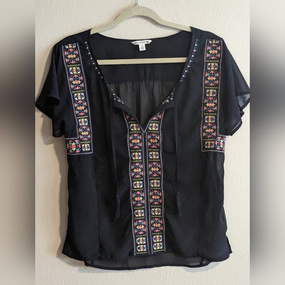 American Eagle Sheer Boho Short Sleeve Top, Size M